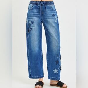 Blue Star-Embroidered Wide Leg Women’s Jeans Sz S M L XL